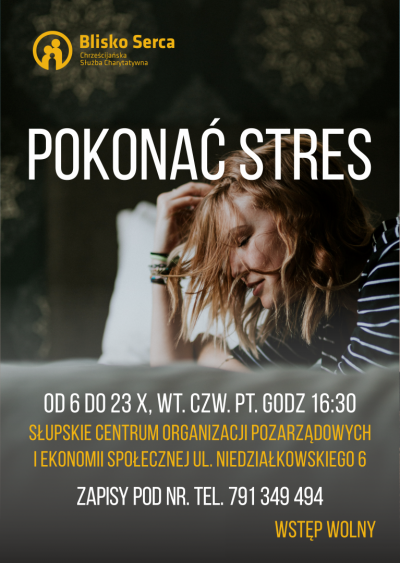 Plakat seminariów antystresowych - kobieta trzymająca się za głowę oraz informacje dot. seminariów zawarte w treści informacji